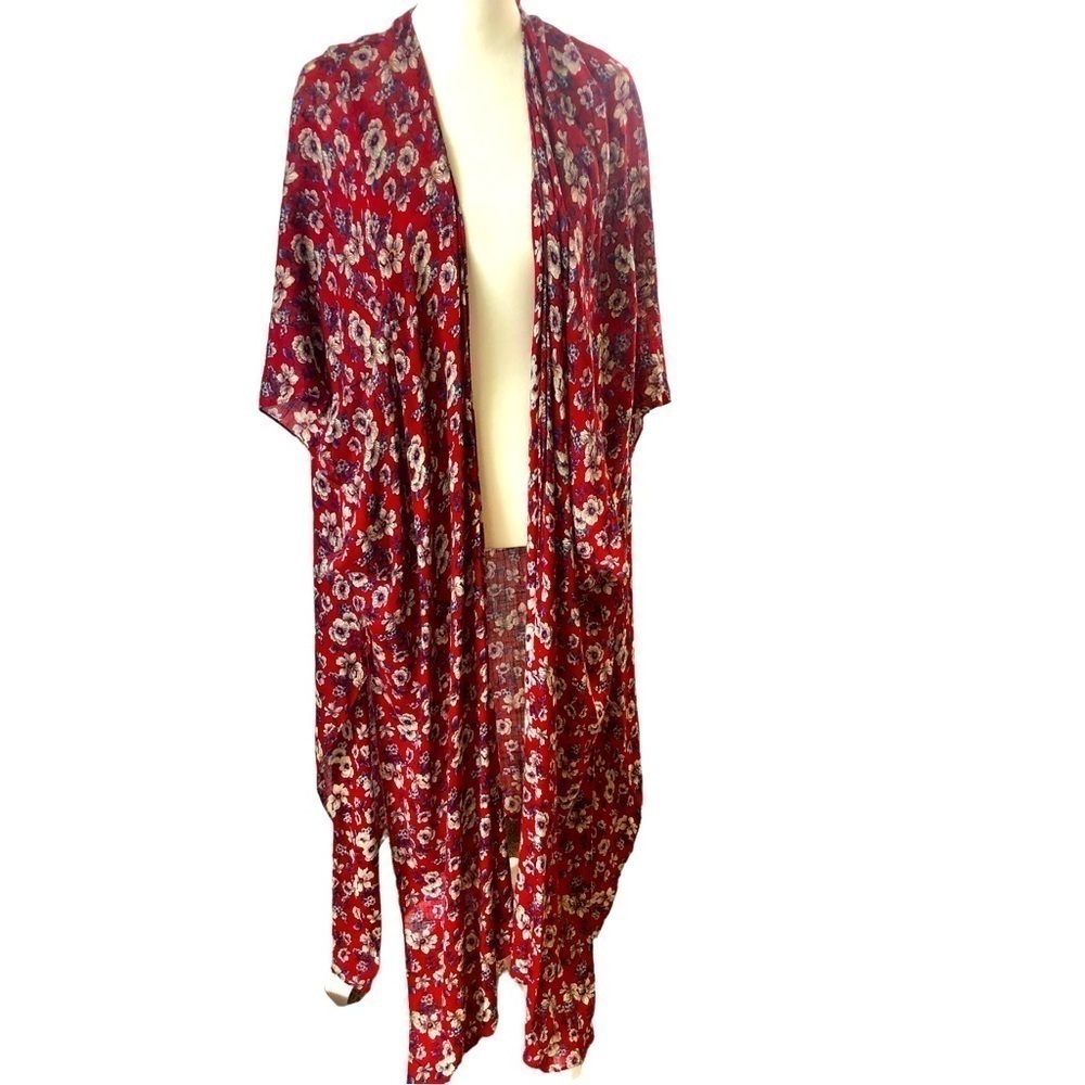 American Eagle Gauzy Duster Women One Size  Red with White Flowers  Armhole Open